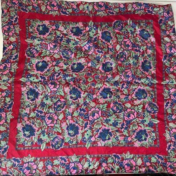 Silk scarf peonies in bloom rich reds greens and blues - Picture 9 of 10